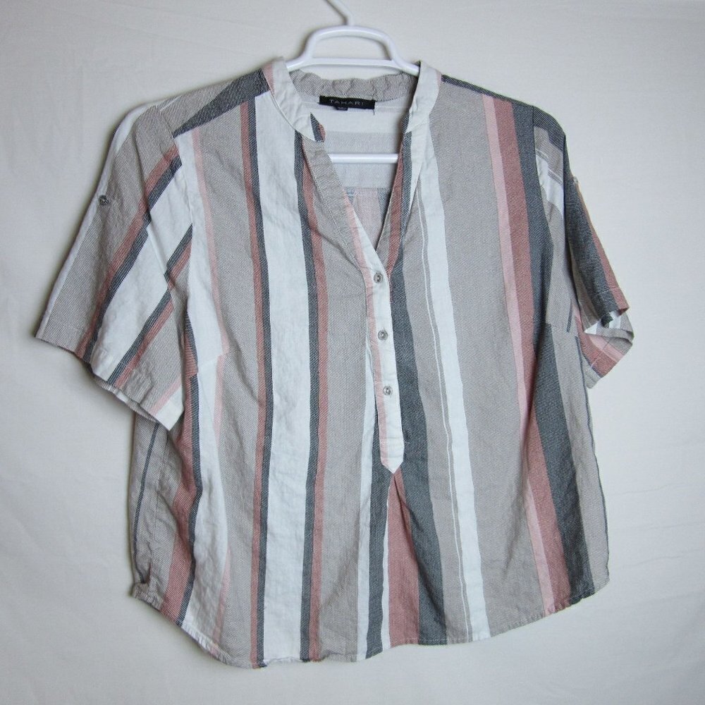 Tahari Linen Striped Blouse Roll Tab Sleeves Plus Size Women's 1X
